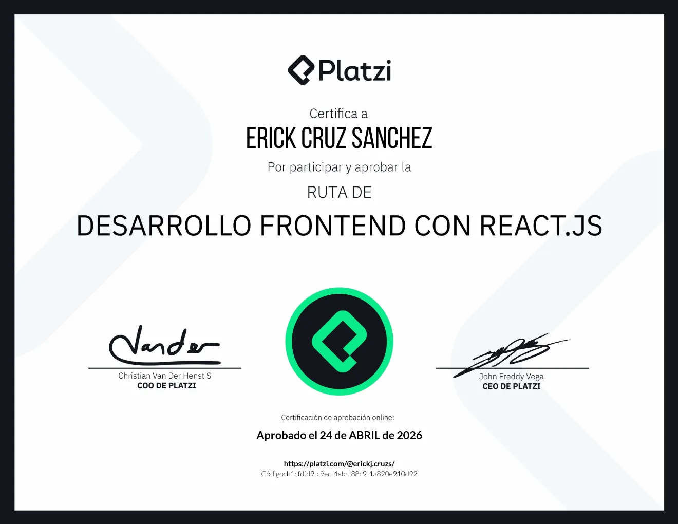 Diploma preview: Ruta de Desarrollo Frontend con React.js